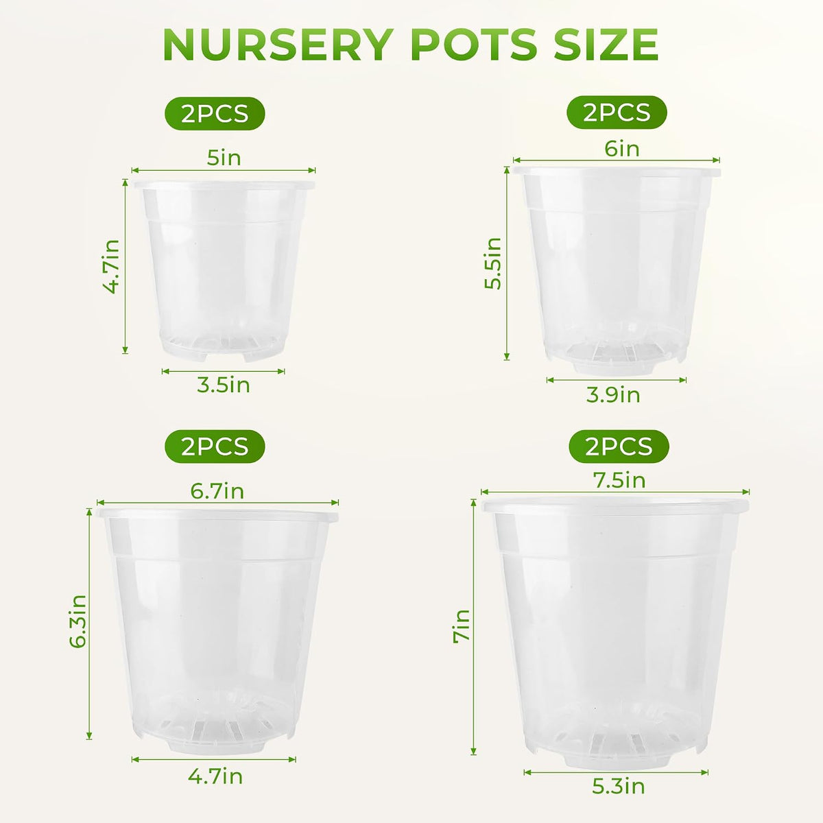 8 Pack Clear Nursery Pots with Drainage Holes, 5/6/6.7/7.5 Inch