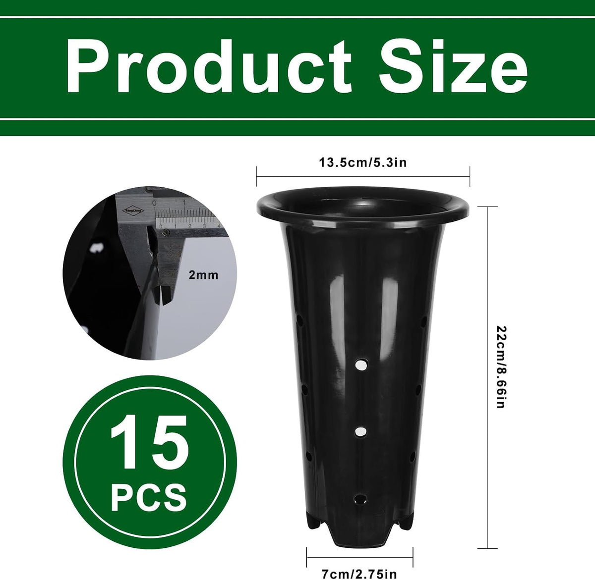 15 Pack Black Deep Plant Nursery Pots with Drainage Holes, (5.3" Wx8.66 H)