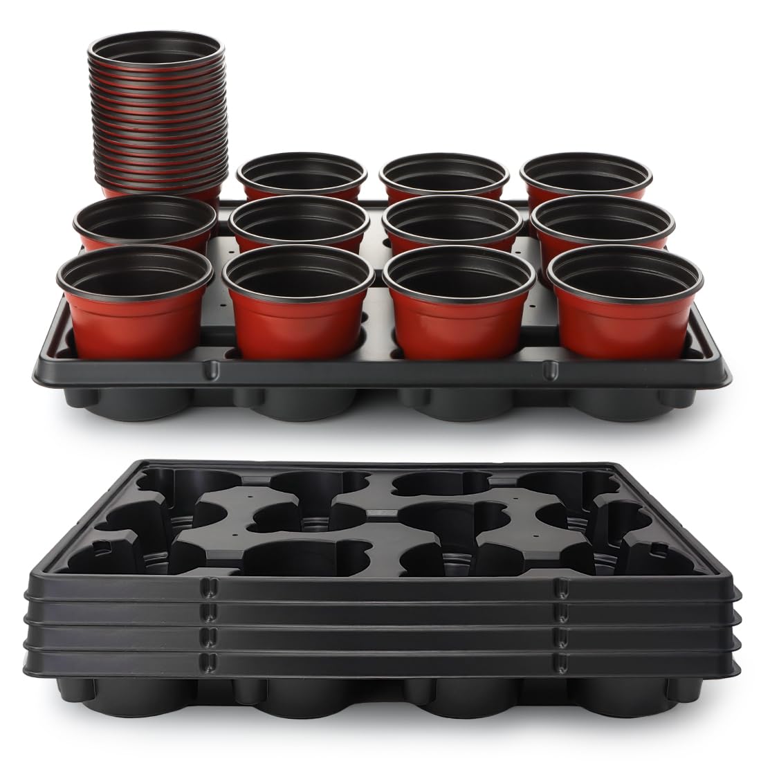 RooTrimmer 4 Inch Plastic Plant Pots 60 Pcs and 12 Cell Nursery Pots Trays 5 Pcs, Thick Sturdy Seeds Starting Germination Shuttle Carrying Trays, Black Small Planter Nursery Propagation 5 Sets