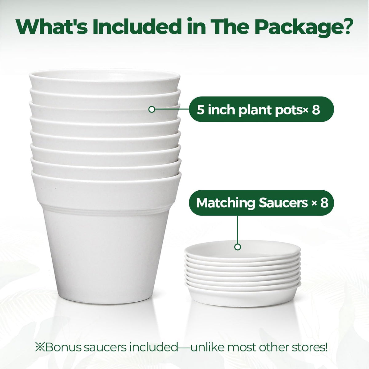 T4U Small Plant Pots 5 Inch 8 Pack, Plastic Indoor Flower Pots Saucer White