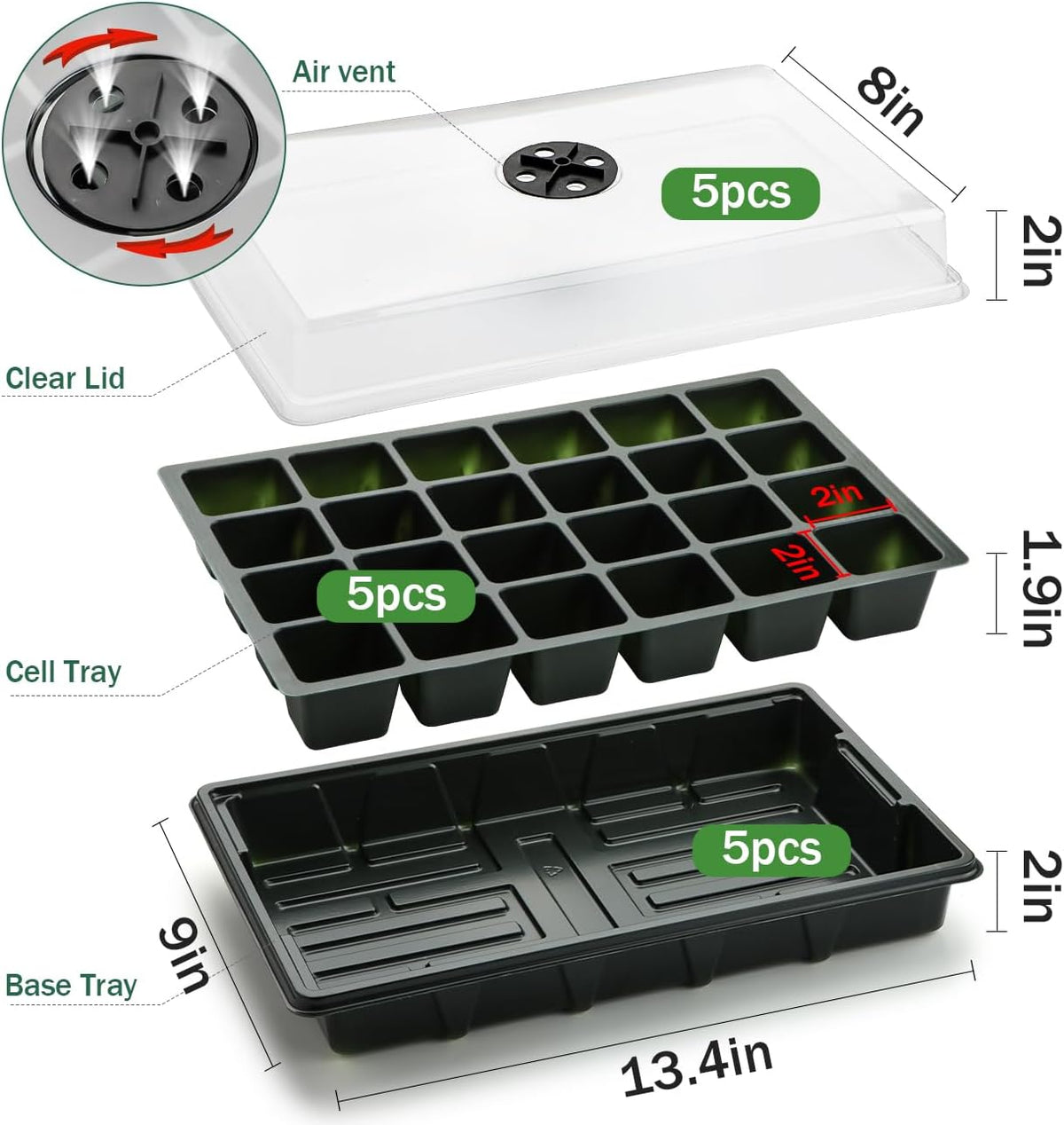 5-Pack Seed Starter Trays with Humidity Dome & Large 24-Cell Plug Trays