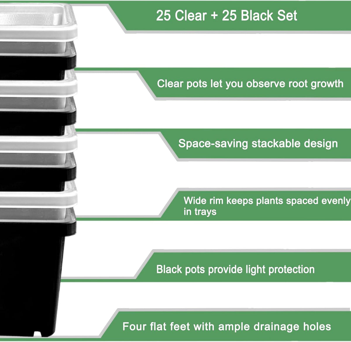 2 Inch Square Nursery Pots, 50 Pack (25 Clear + 25 Black) Seedling Starter Pots, Plastic Plant Pots with Drainage Holes, for Seed Germination, Root View, and Light Blocking