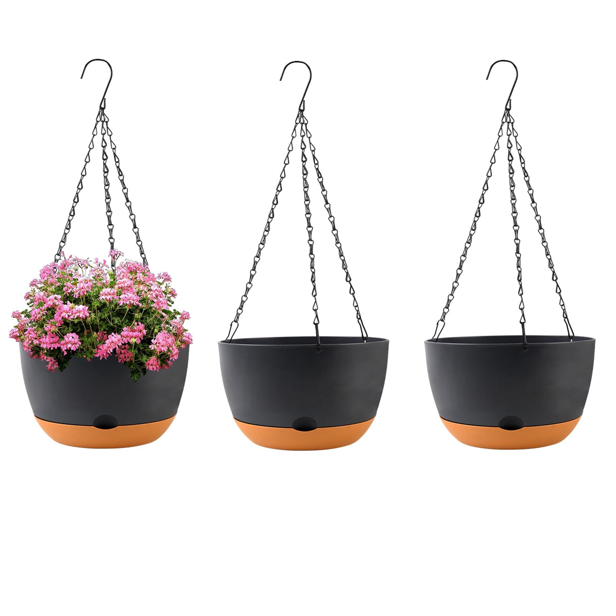 KPUVX 4 Pack Plastic Hanging pots for Plants Indoor,8 Inch Plant Pot Indoor Outdoor Hanging Baskets,Hanging Flower Pots with Drainage Holes and Chain for Garden Porch Plants(Black)