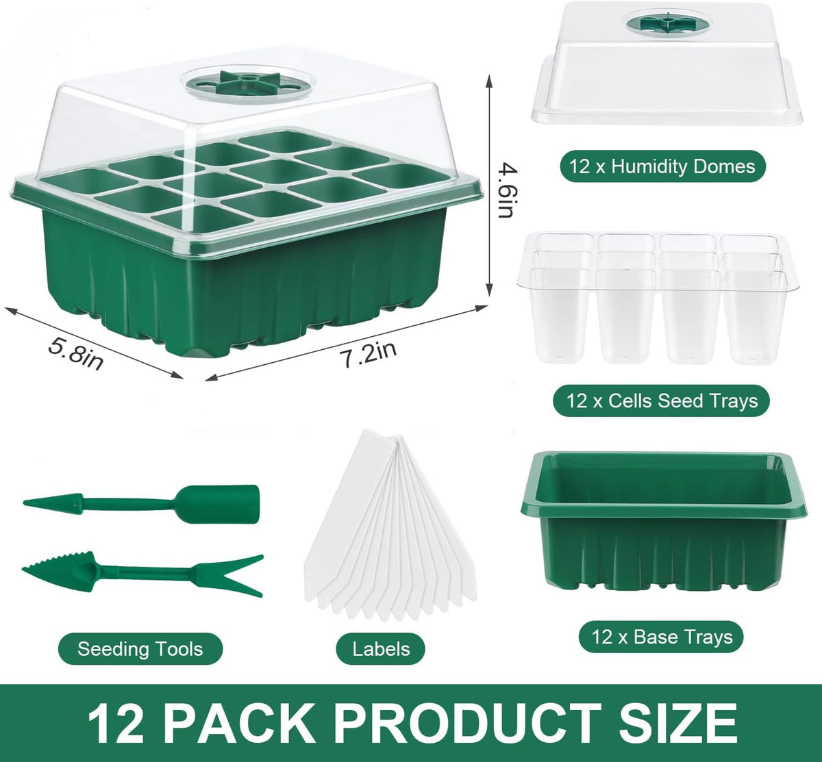12 Pack Seed Starter Trays, 144Cell Stater Kit with Humidity Dome Green