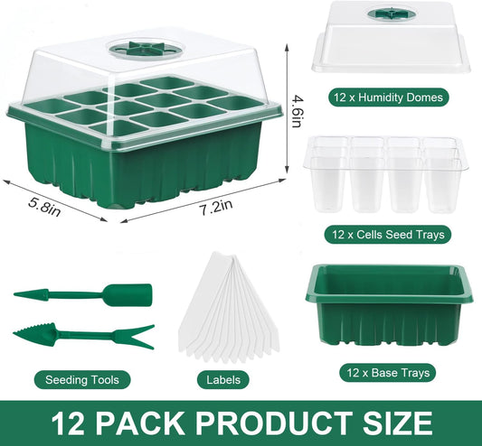 12 Pack Seed Starter Trays, 144Cell Stater Kit with Humidity Dome Green