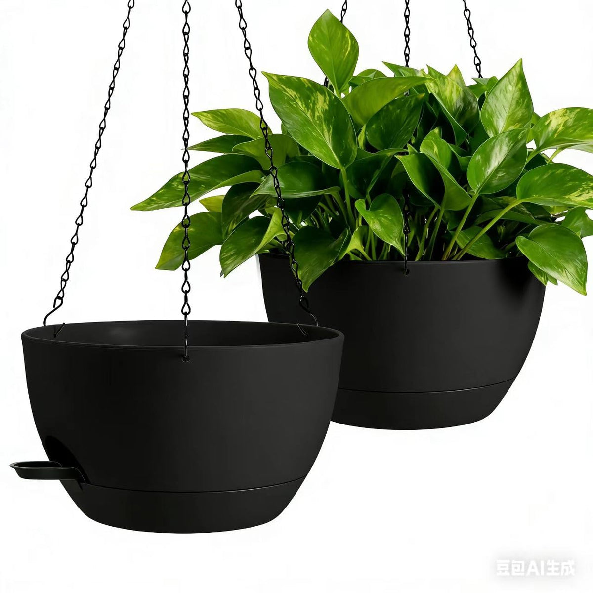 4-Piece Set of 8-Inch Hanging Planters with Automatic Watering System and Drip Tray, Includes Metal Chain, Suitable for Various Indoor and Outdoor Plants and Flowers, Black-Brown