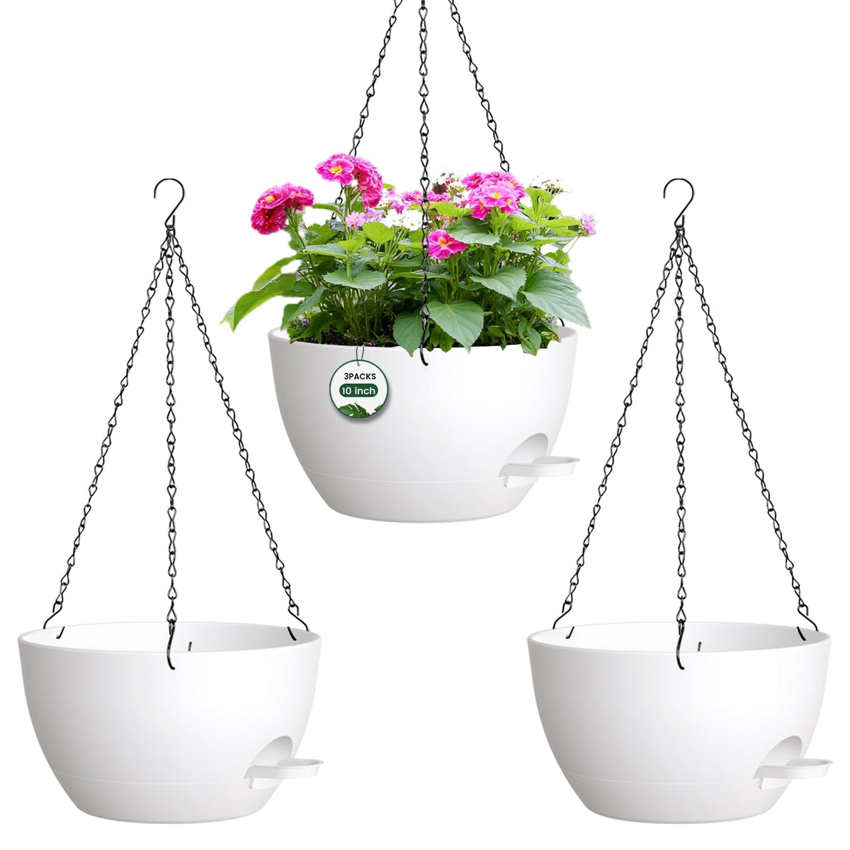 3 Pack 10 Hanging Flower Pots with Chains Self Watering Plastic Planters for Indoor Outdoor Plants, Sturdy Triangular Iron Chain Design for Garden PorchPlastic Hanging Flower pots (3, Black)