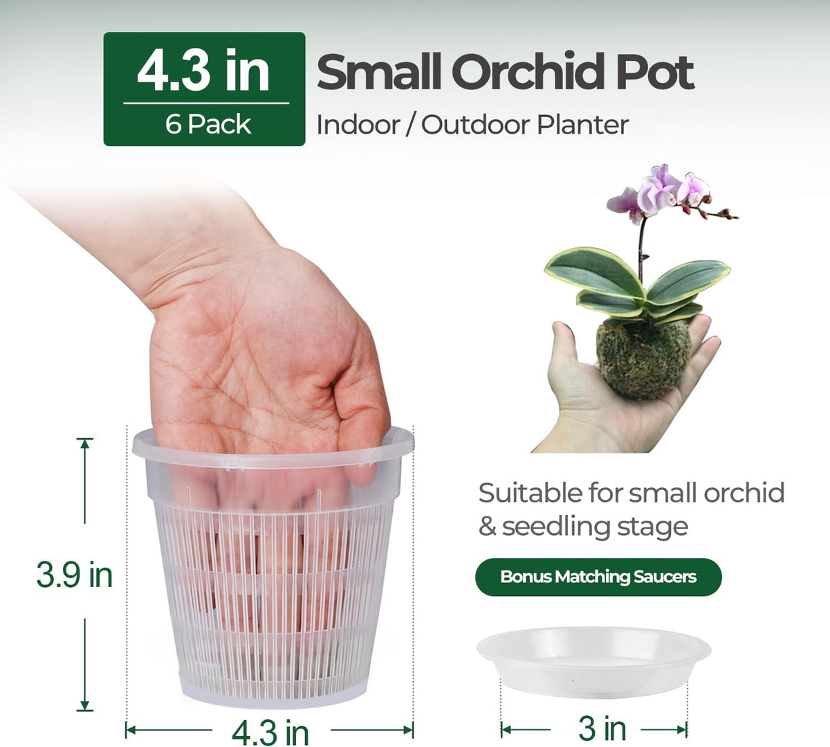 T4U Clear Orchid Pots 4.3 Inch 6 Pack, Orchid Pot with Holes Repotting