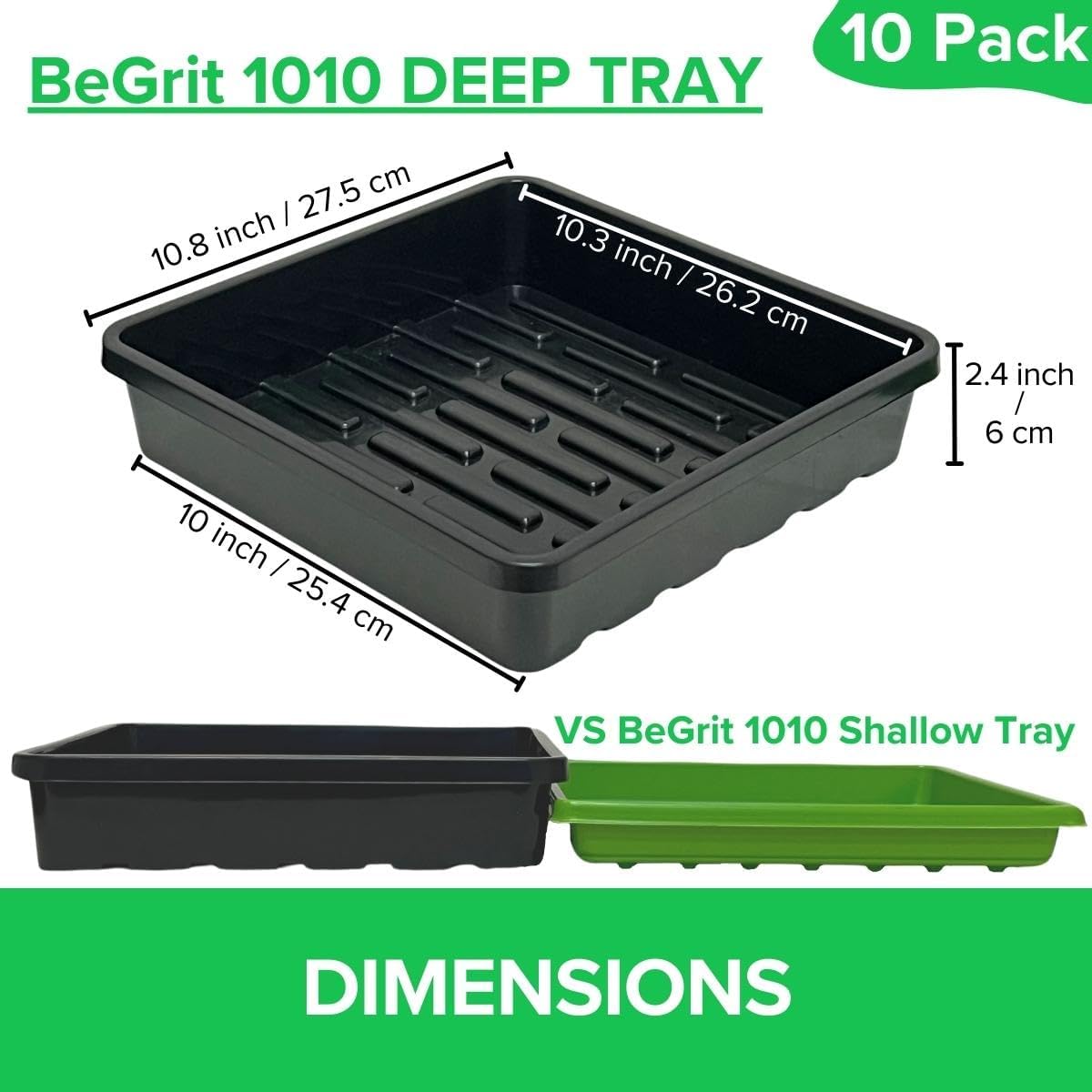 BeGrit 1010 Growing Trays Extra Strength Seed Tray 10" x 10" Without Drain Holes for Seedling Starter Microgreens Wheatgrass Fodder Hydroponic 10-Pack Black