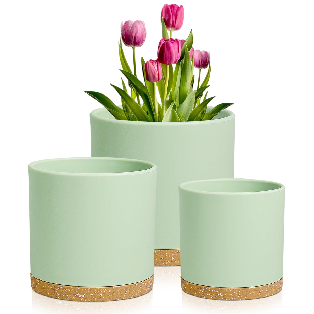 Meowell 8/7/6 inch Plant Pots, 3 Set Cylinder Flower Pots for Outdoor Indoor Plants, Decorative Plastic Planters with Drainage Holes and Saucers for Garden House Plants, Black