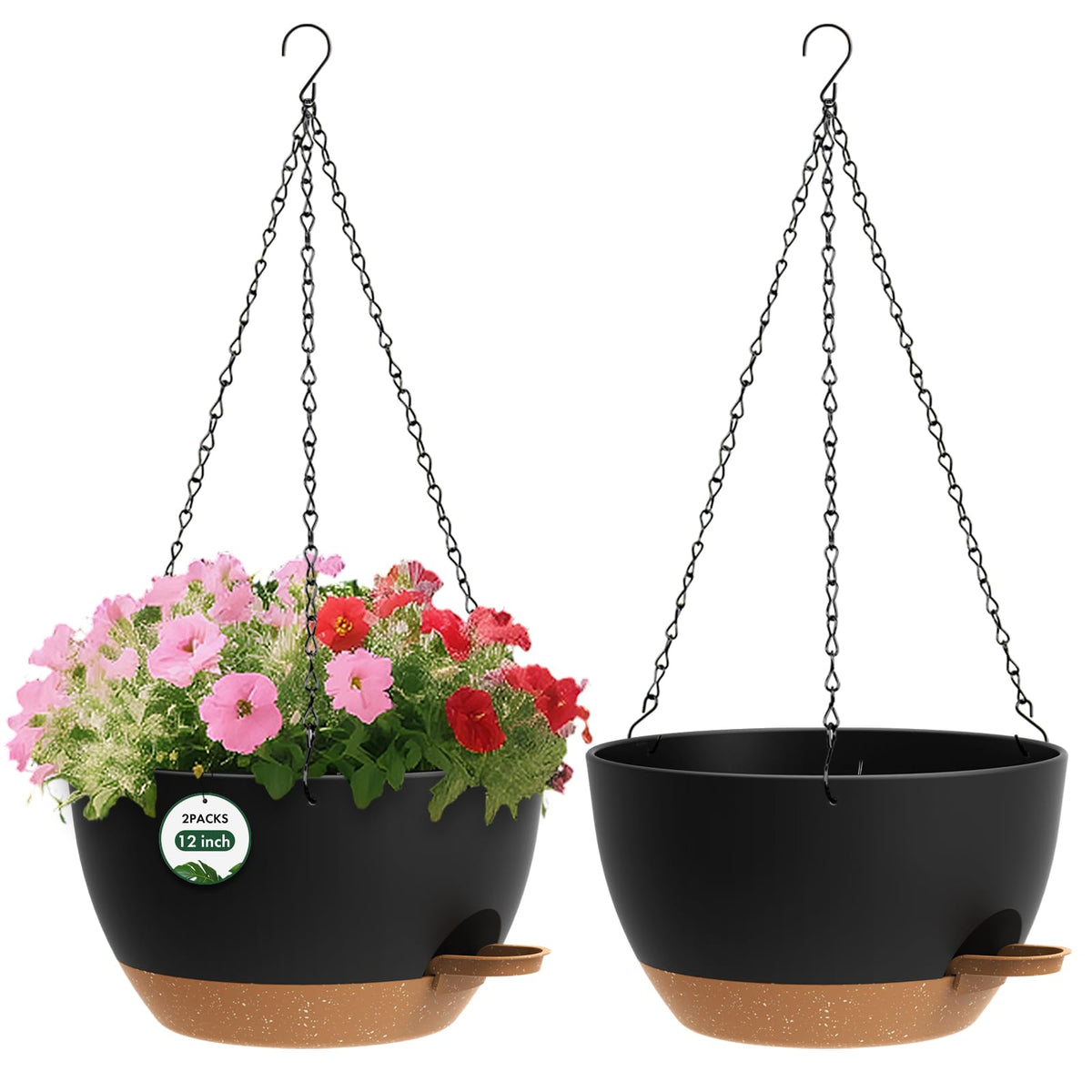 3 Pack 10 Hanging Flower Pots with Chains Self Watering Plastic Planters for Indoor Outdoor Plants, Sturdy Triangular Iron Chain Design for Garden PorchPlastic Hanging Flower pots (3, Black)