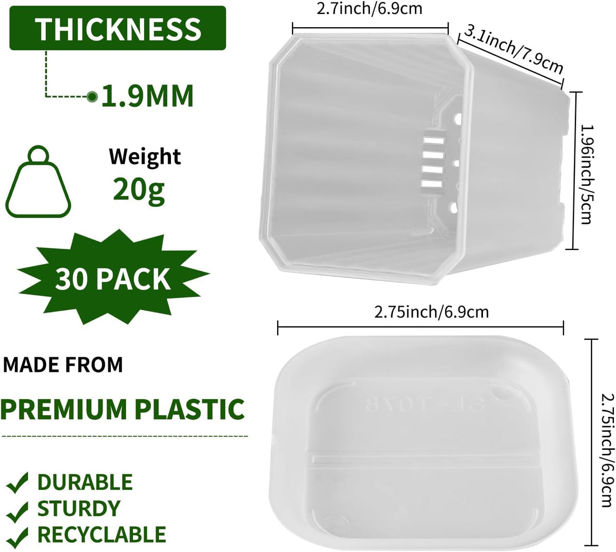 30Pcs 3 Inch Clear Nursery Pots with Saucers, Square Plastic Plant Pot