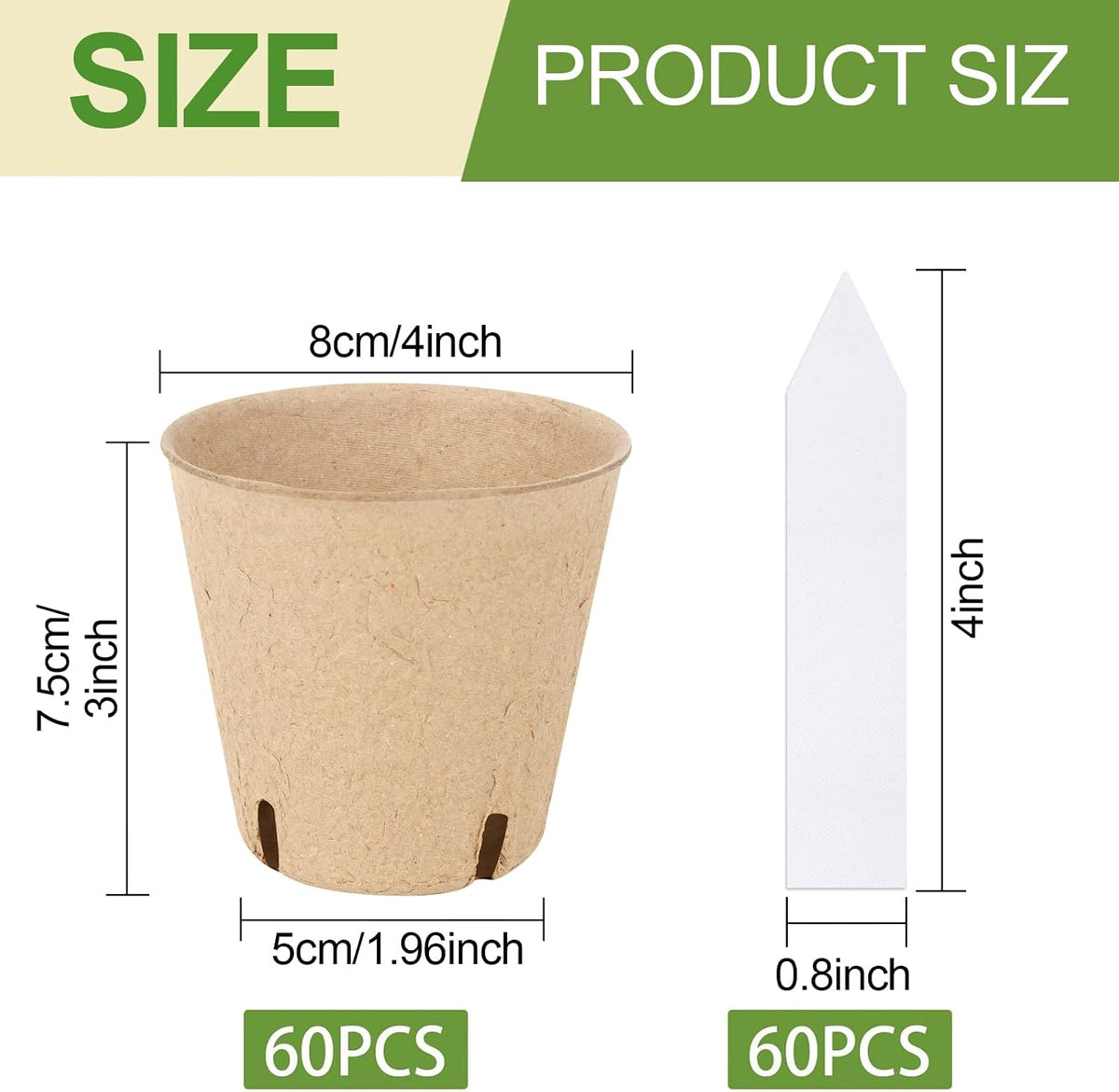 60-Pack 4” Biodegradable Peat Pots with 60 Plant Labels - Eco-Friendly Seedling Pots with Drainage Holes for Efficient Seed Starting and Garden Nursery Use