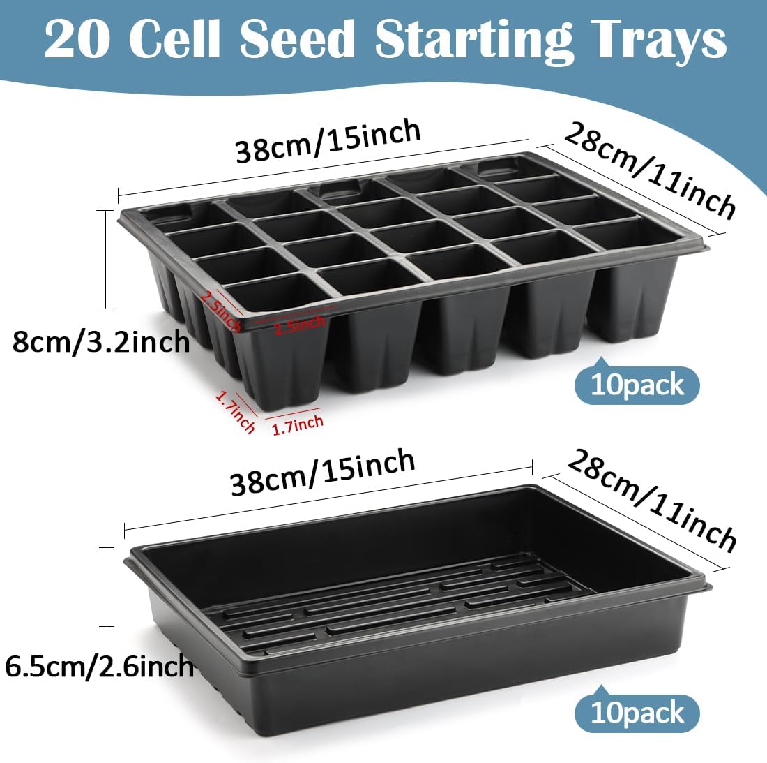 RooTrimmer 10 Pack 2.5 inch Square Pots 3.5 inch Deep 20 Cell Seedling Plug Trays with Water Collection Nursery Trays (15"x11"x3") for Seeds Starting and Transplanting