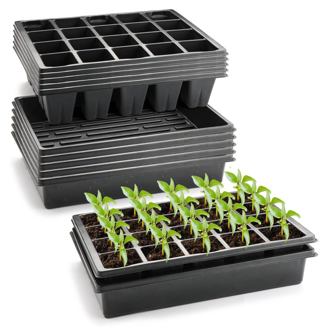 RooTrimmer 3.5 inch (9CM) Square Nursery Pots 60pcs, Sturdy Seedlings Trays 5 Pcs, Seeds Starter Germination Tray, Microgreenings Planter Nursery Propagation 5 Sets