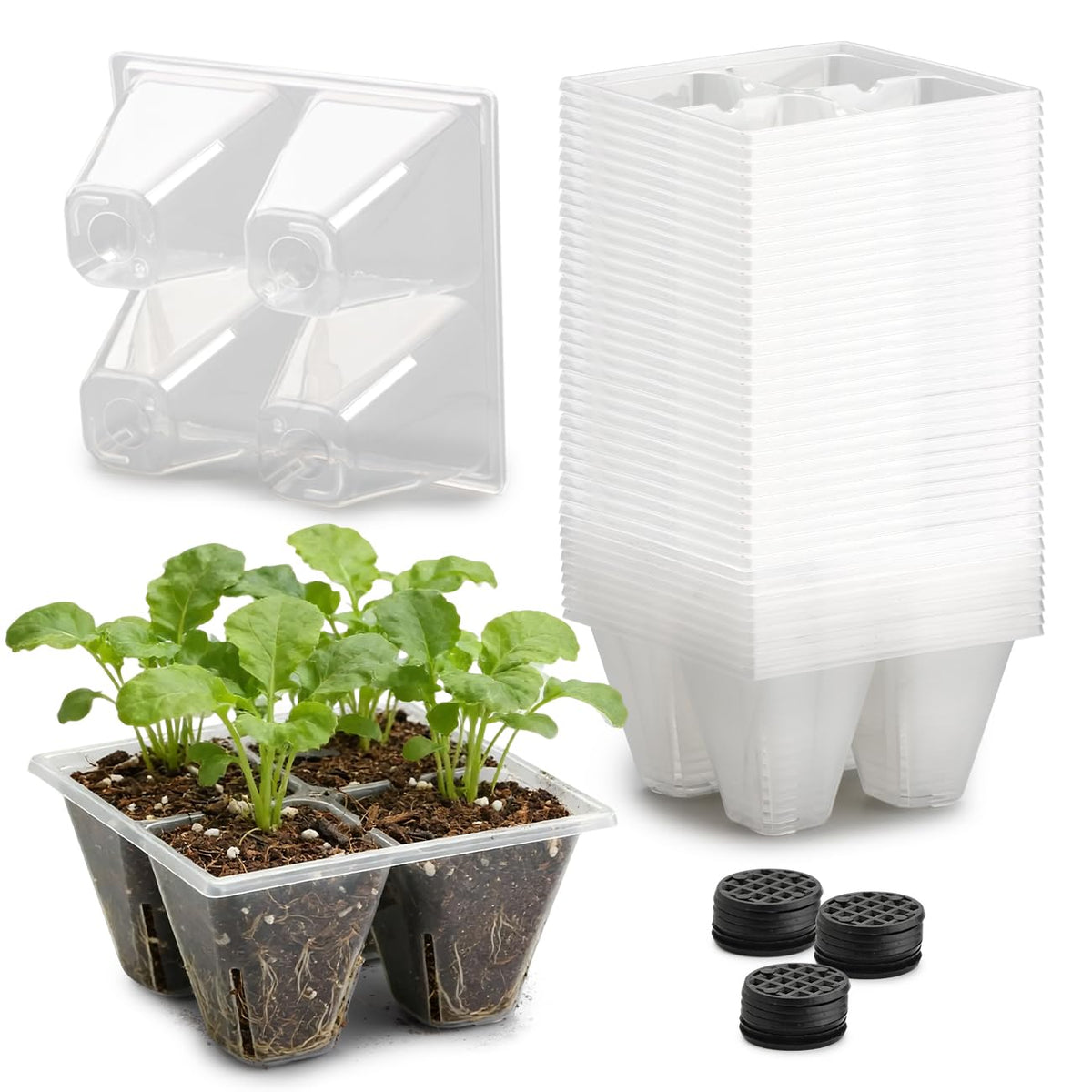 RooTrimmer 40 Pack Reusable 4-Cell Seed Starter Tray for Seedlings, Deep Large Cell Plant Starter Trays with Drainage Holes for Seed Germination, Easy Transplant, Fits Standard 1020 Flats, Black