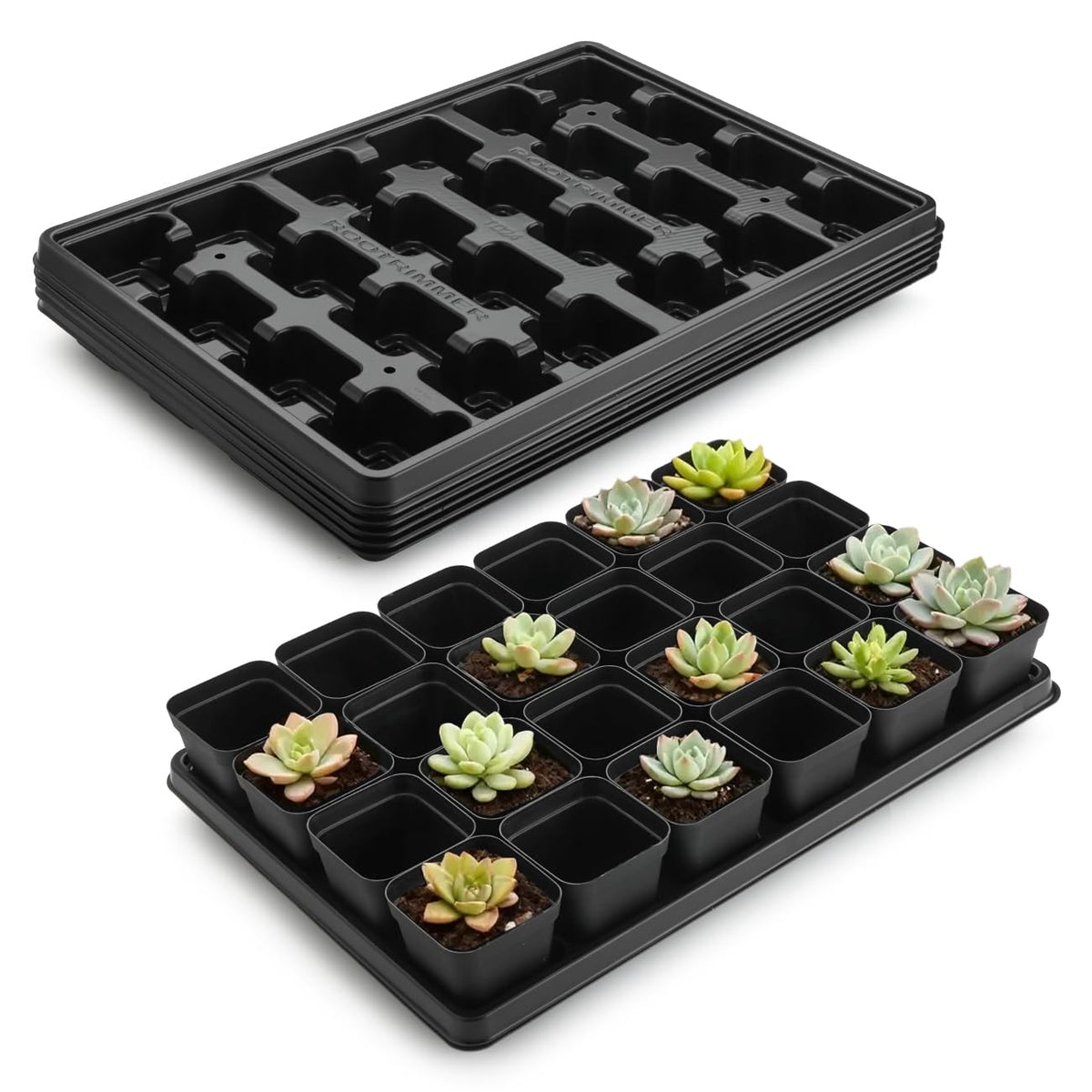 RooTrimmer 2.8 inch (7CM) Square Nursery Pots 120pcs (Green) and 24 Cell Nursery Pots Trays 5 Pack, Plastic Seedling Starter Tray with Drain Holes for Carrying and Holding Plant Pot(17"x11"x1.6")