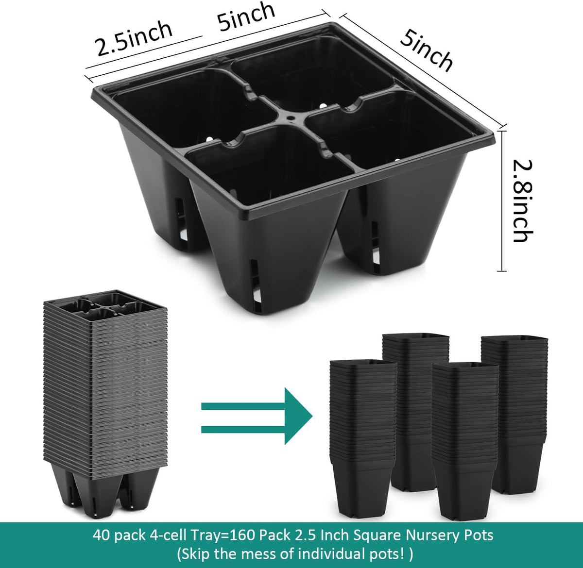 RooTrimmer 40 Pack Reusable 4-Cell Seed Starter Tray for Seedlings, Deep Large Cell Plant Starter Trays with Drainage Holes for Seed Germination, Easy Transplant, Fits Standard 1020 Flats, Black
