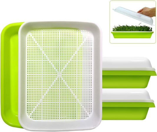 SUNPRO 2-Pack Seed Sprouter Tray with Humidity Lid, BPA Free Food Grade Soil-Free Sprouting Kit, Large Capacity Wheatgrass Grower & Microgreens Germination Station for Beans, Peas, Cat Grass (Green)