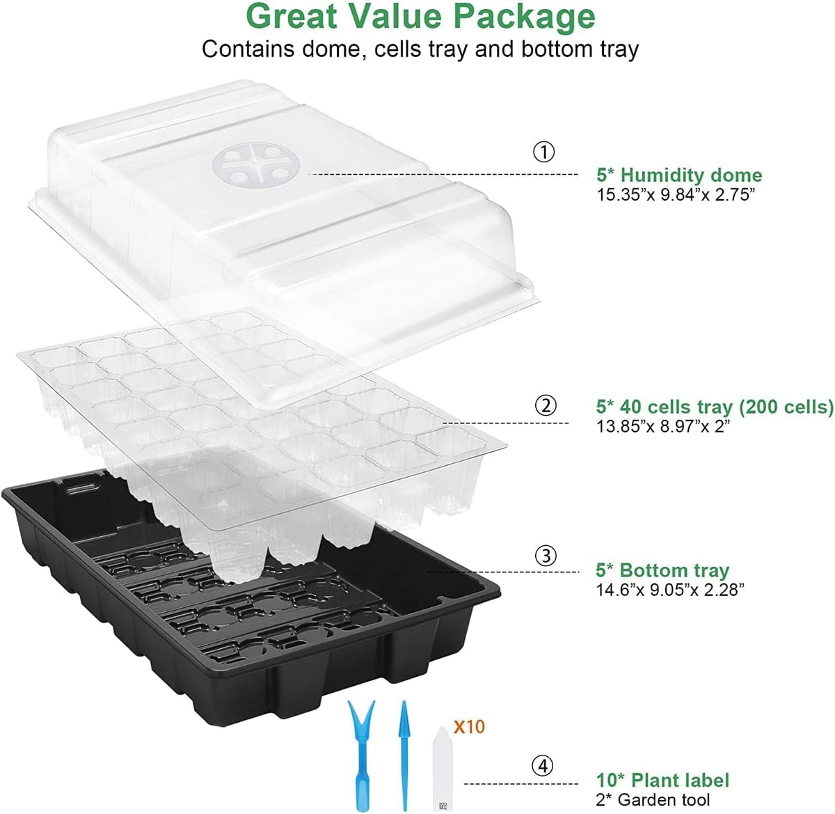 MIXC 5 Pack Seed Starter Tray, 200Cell Mini Propagator Greenhouse Grow Kit