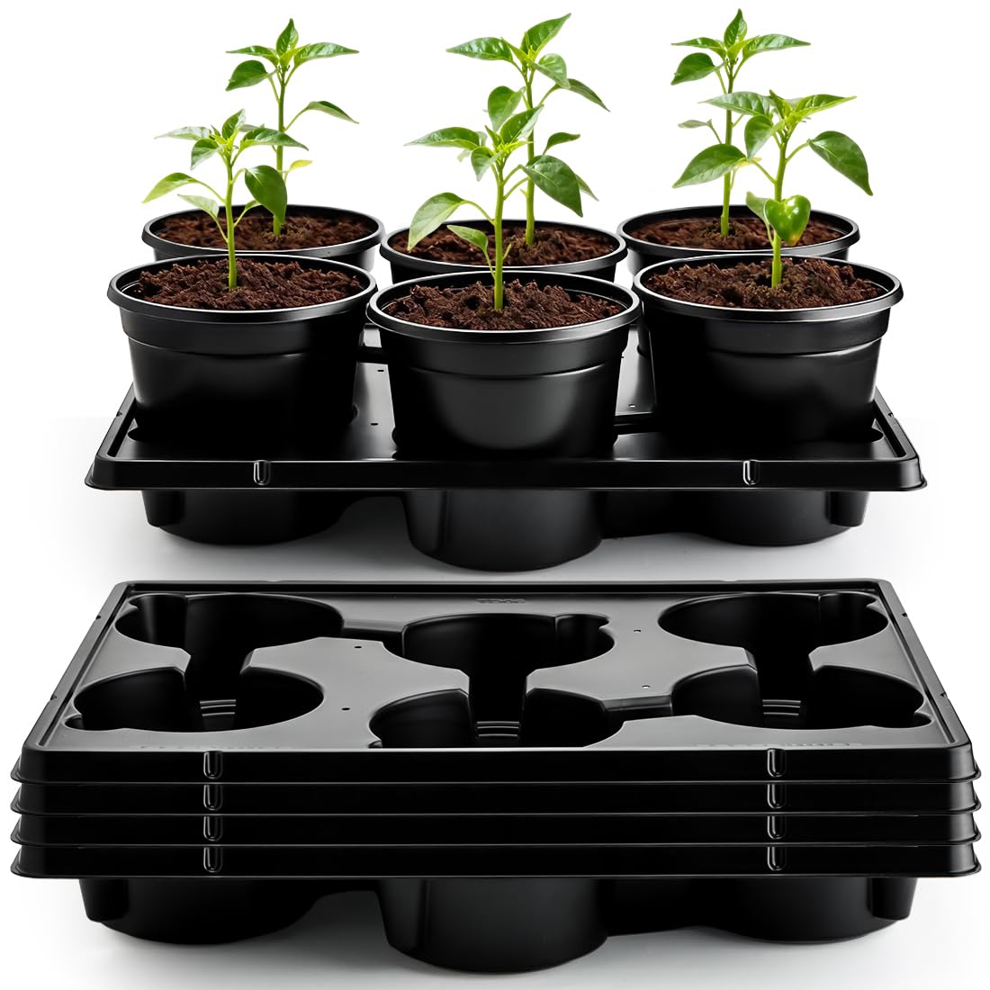 RooTrimmer 4 Inch Plastic Plant Pots 60 Pcs and 12 Cell Nursery Pots Trays 5 Pcs, Thick Sturdy Seeds Starting Germination Shuttle Carrying Trays, Black Small Planter Nursery Propagation 5 Sets