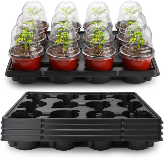 RooTrimmer 4 Inch 60 Pack Nursery Pots with Humidity Domes & 5 Pack 12 Cell Round Seedling Pot Carrying Trays, Sturdy Seeds Starter Pot Germination Set, Small Planter Nursery Propagation 5 Sets