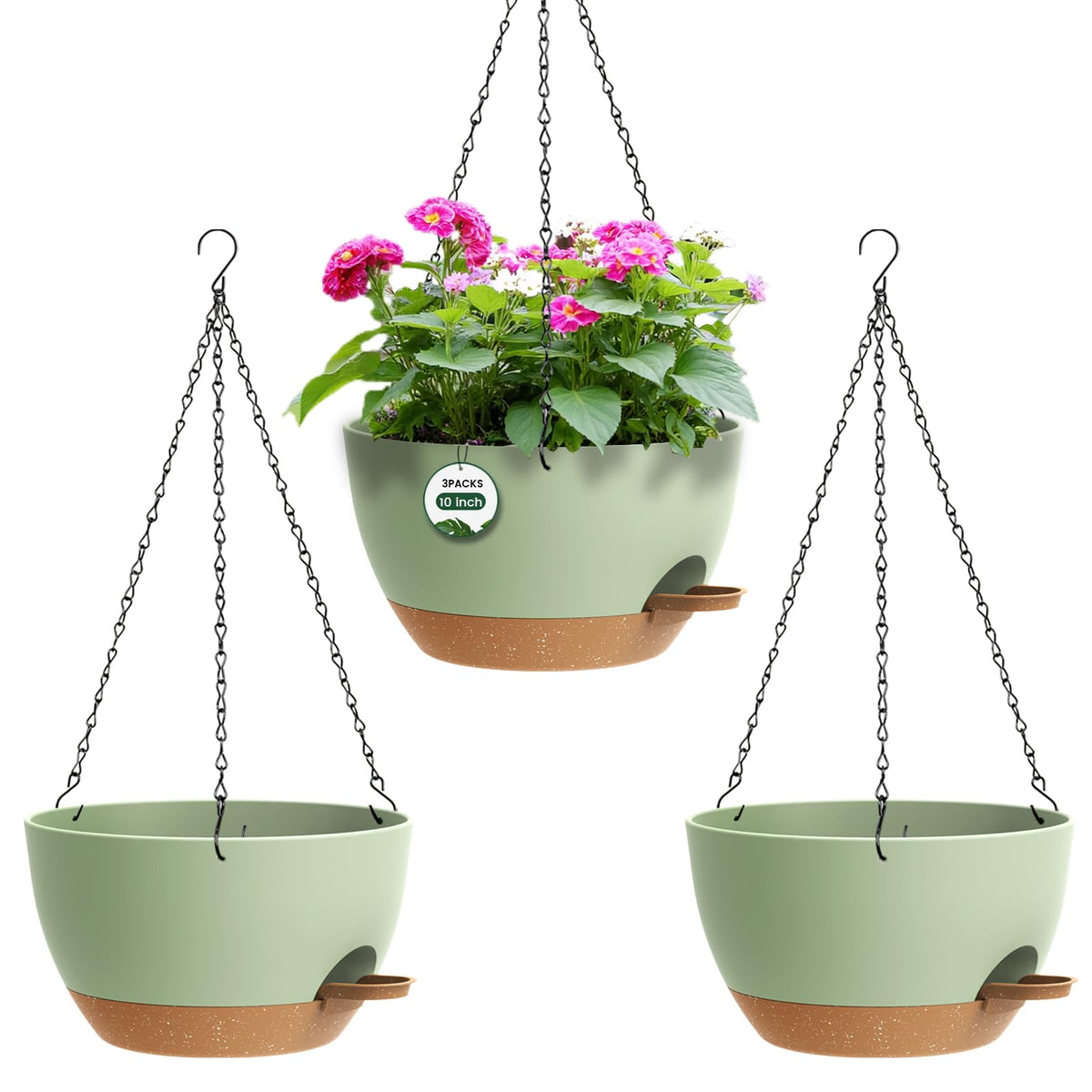 3 Pack 10 Hanging Flower Pots with Chains Self Watering Plastic Planters for Indoor Outdoor Plants, Sturdy Triangular Iron Chain Design for Garden PorchPlastic Hanging Flower pots (3, Black)