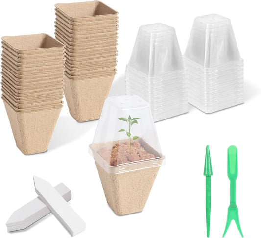 KOAMLY 36 Pcs 3in Square Peat Nursery Pots, Biodegradable Herb Seed Nursery Pot Kits, Seedling Pots, Outdoor Garden Sprouting Peat Pots with 36 Plant Tags