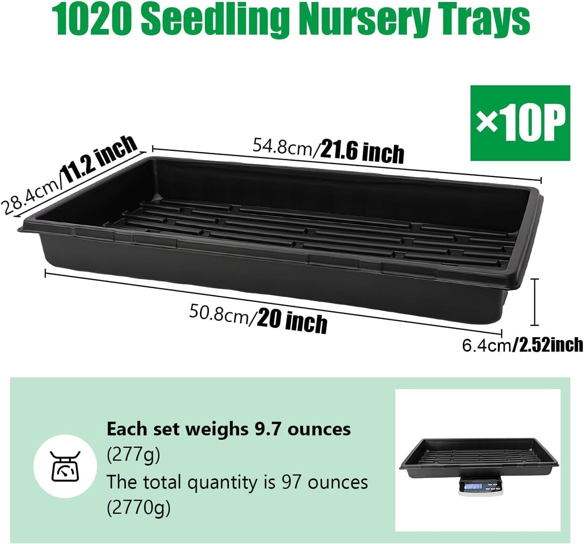 RooTrimmer 10 Pack 1020 Trays, Extra Thick Heavy Duty Seed Starting Trays - No Holes, No Leak, Reusable Propagation Flats for Microgreens, Seedlings, Plant Germination, Fodder and Transplant