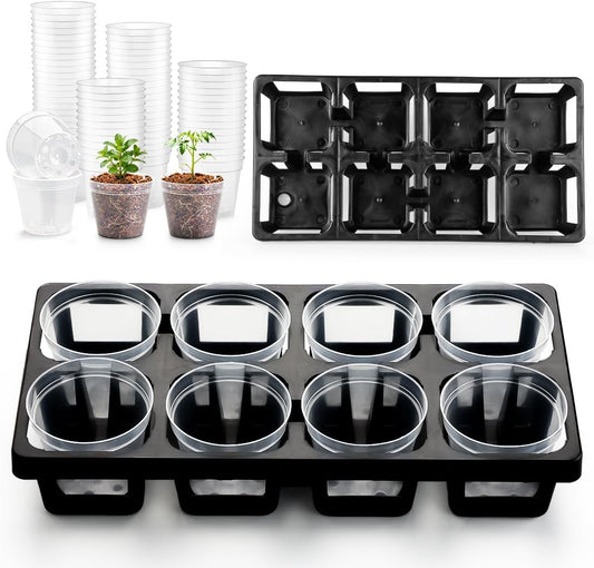 8 Cell Nursery Pot Trays 10 Pack (12"x6"x2") with 2.5 inch (6.5CM) Round Seedling Pots 80pcs (Clear), Plastic Seed Starter Tray with Removable Drain Holes for Carrying and Holding Plant Pot