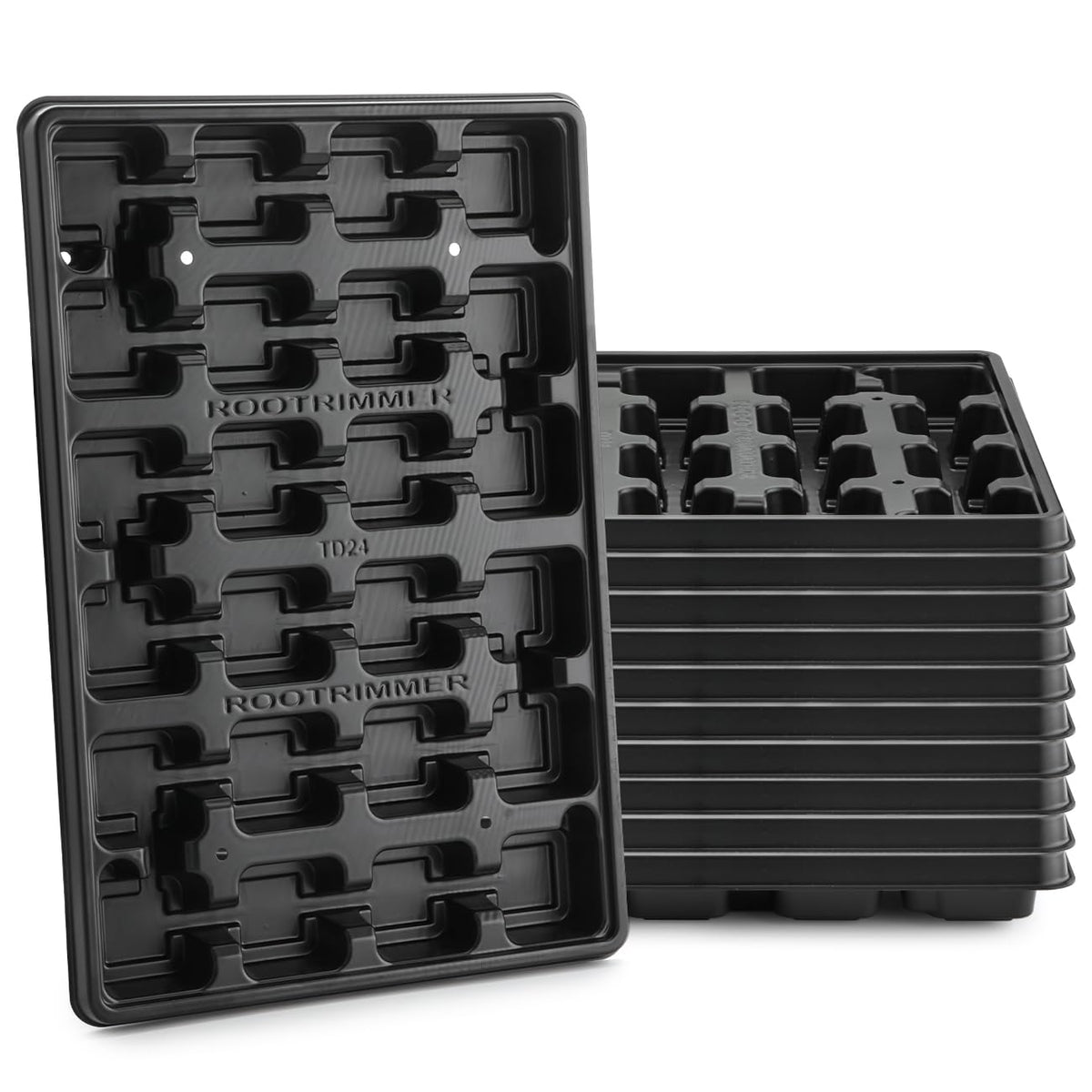RooTrimmer 2.8 inch (7CM) Square Nursery Pots 120pcs (Green) and 24 Cell Nursery Pots Trays 5 Pack, Plastic Seedling Starter Tray with Drain Holes for Carrying and Holding Plant Pot(17"x11"x1.6")
