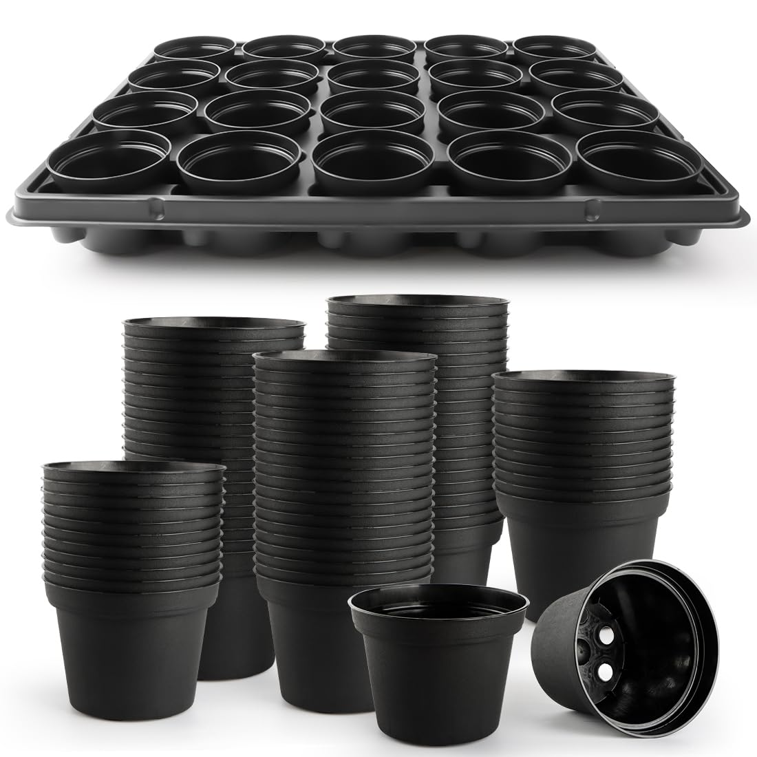RooTrimmer 4 Inch Plastic Plant Pots 60 Pcs and 12 Cell Nursery Pots Trays 5 Pcs, Thick Sturdy Seeds Starting Germination Shuttle Carrying Trays, Black Small Planter Nursery Propagation 5 Sets
