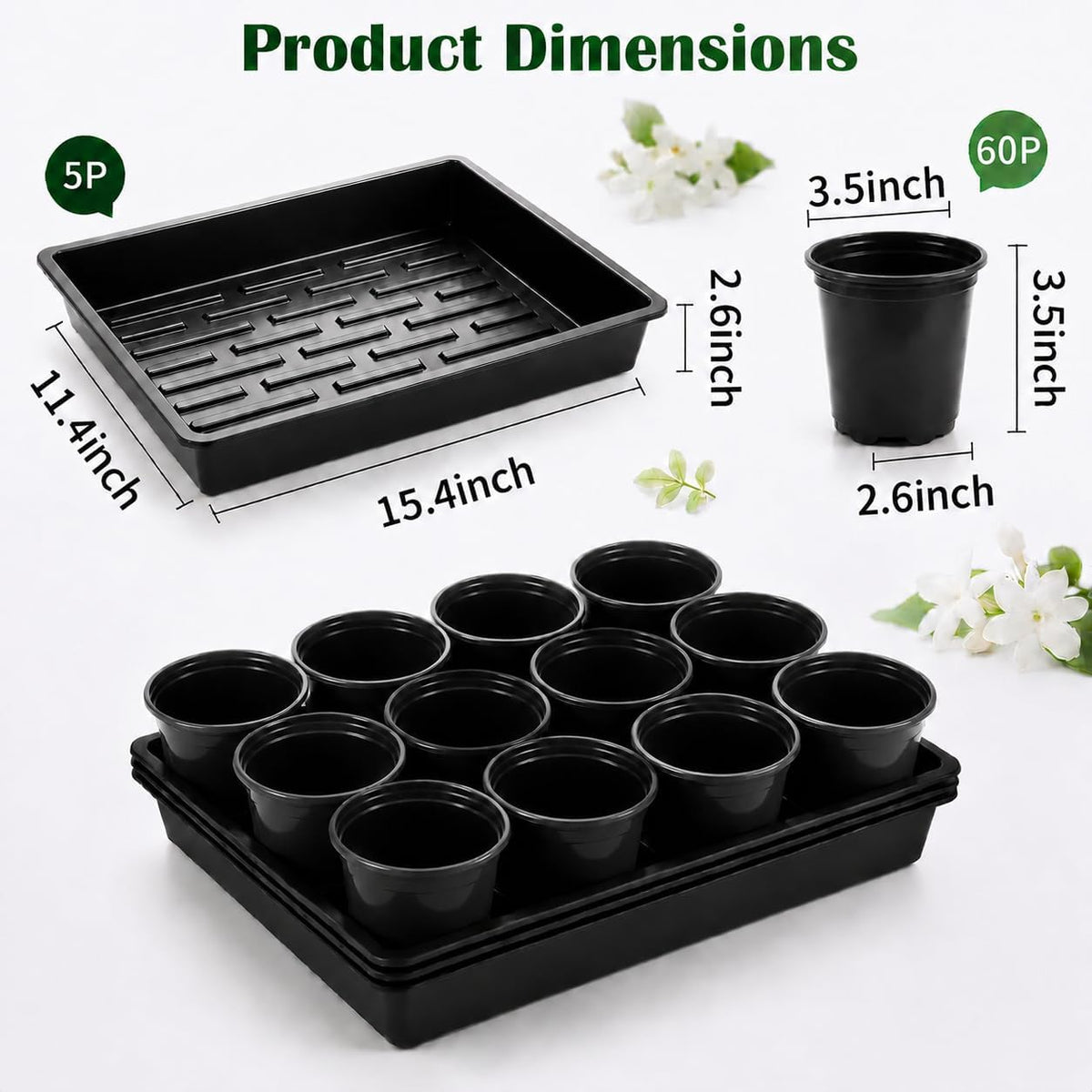 5 Pack Plastic Seed Starter Tray with 60pcs 3.5 inch Seedling Pots