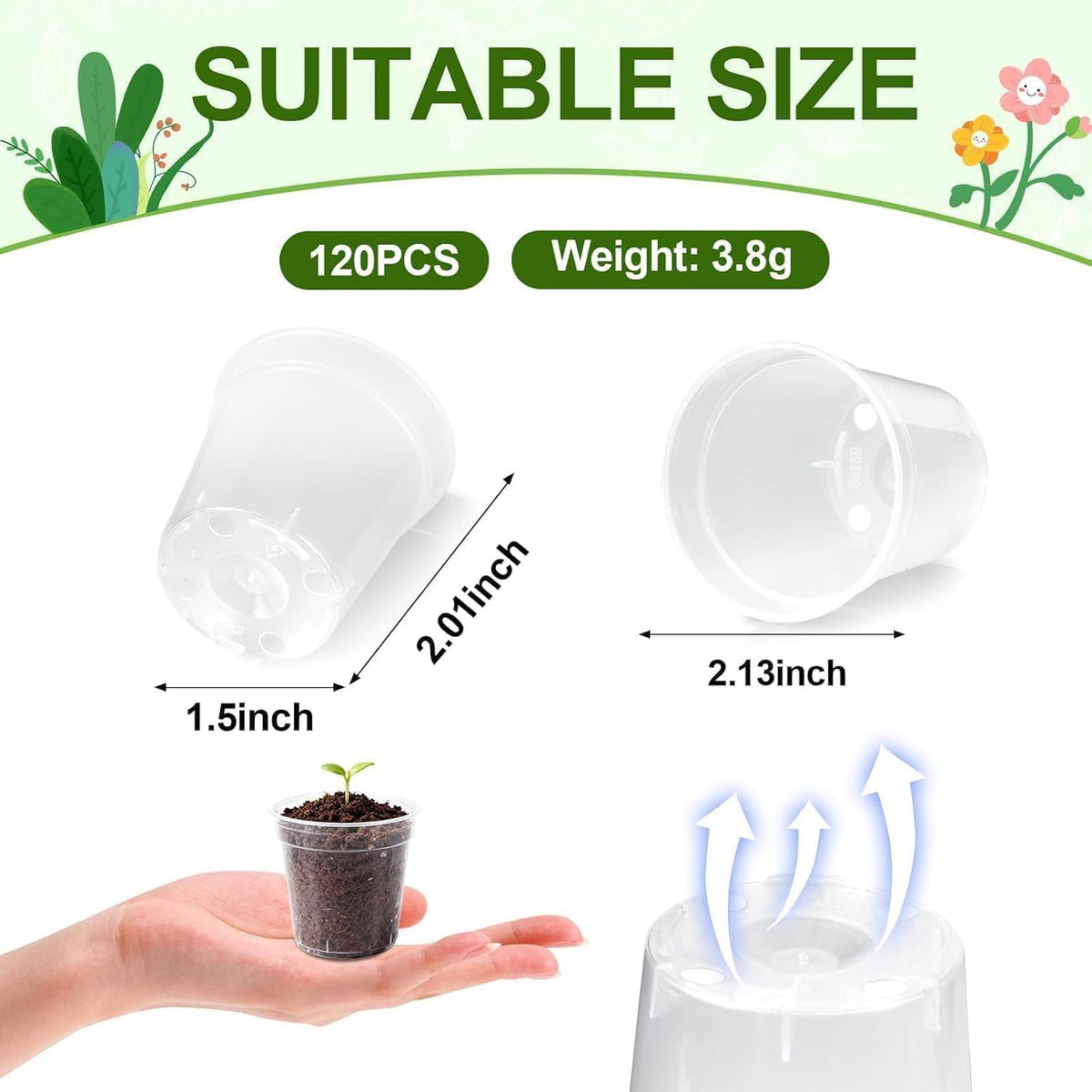 120 Pcs 2 Inch Clear Nurery Pots, Seedling Pots with Drainage Holes