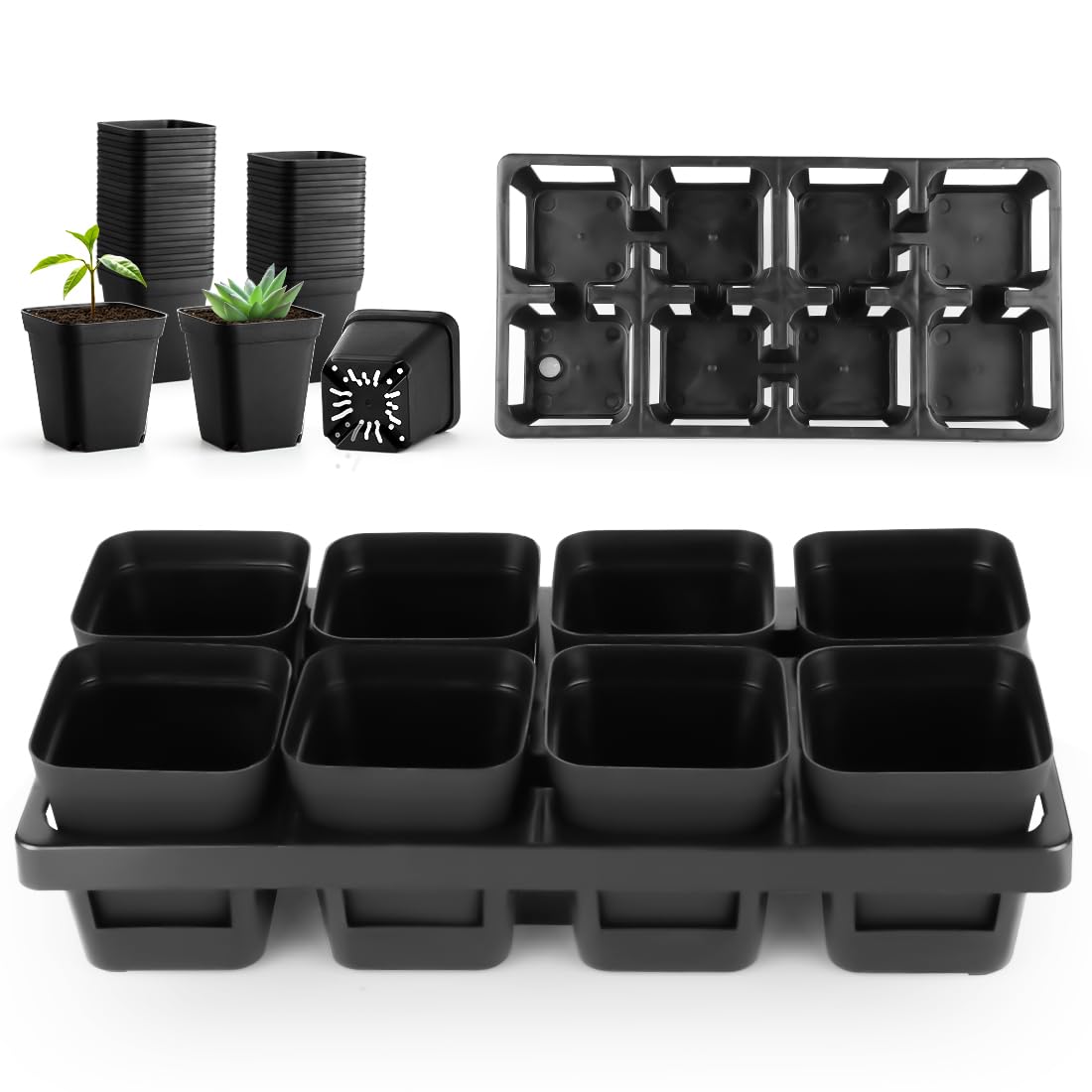RooTrimmer 2.8 inch (7CM) Square Nursery Pots 120pcs (Green) and 24 Cell Nursery Pots Trays 5 Pack, Plastic Seedling Starter Tray with Drain Holes for Carrying and Holding Plant Pot(17"x11"x1.6")