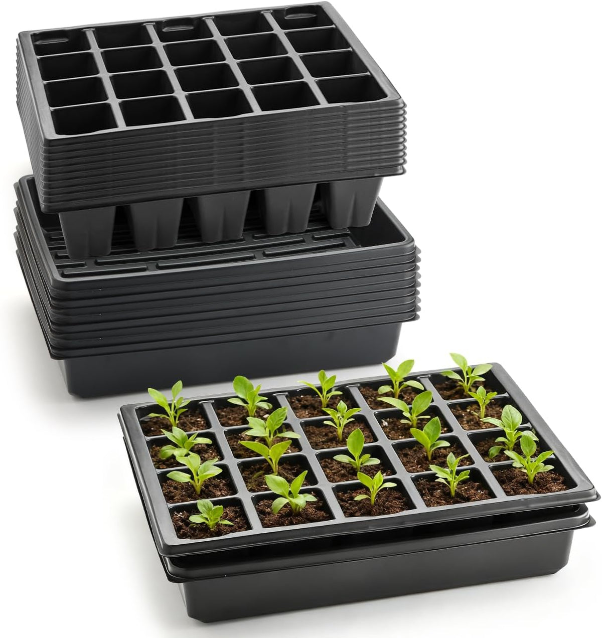 RooTrimmer 10 Pack 2.5 inch Square Pots 3.5 inch Deep 20 Cell Seedling Plug Trays with Water Collection Nursery Trays (15"x11"x3") for Seeds Starting and Transplanting