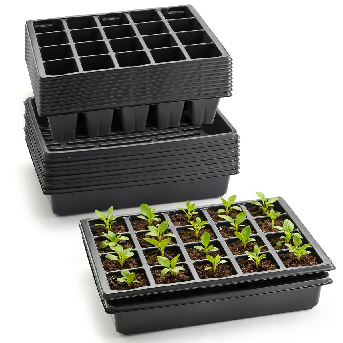 RooTrimmer 3.5 inch (9CM) Square Nursery Pots 60pcs, Sturdy Seedlings Trays 5 Pcs, Seeds Starter Germination Tray, Microgreenings Planter Nursery Propagation 5 Sets