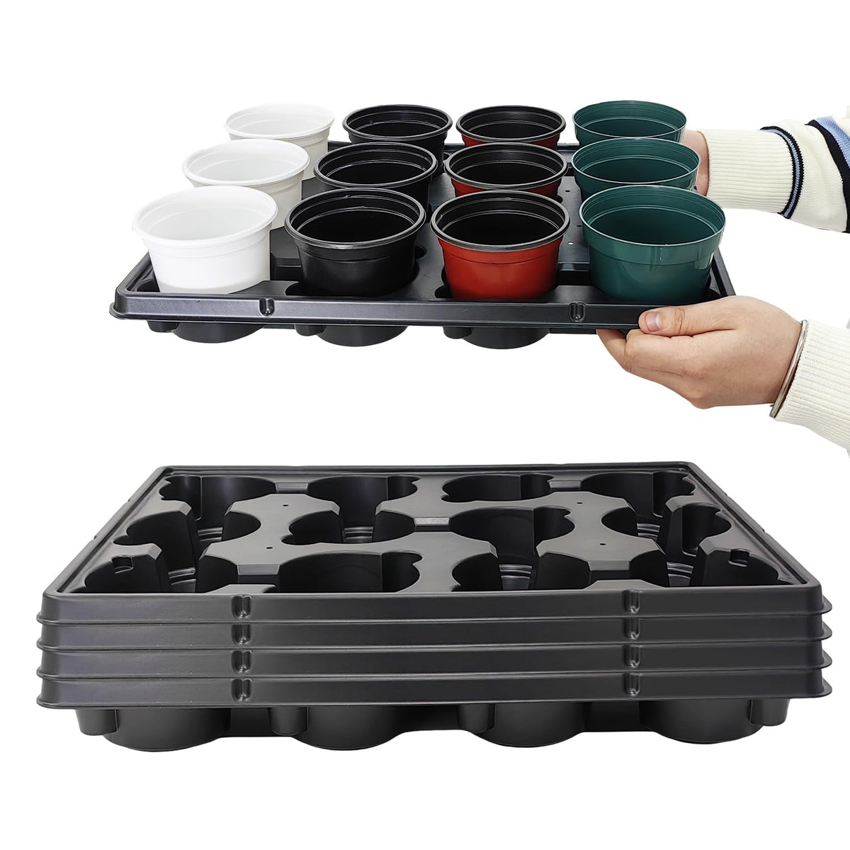RooTrimmer 4 Inch Plastic Plant Pots 60 Pcs and 12 Cell Nursery Pots Trays 5 Pcs, Thick Sturdy Seeds Starting Germination Shuttle Carrying Trays, Black Small Planter Nursery Propagation 5 Sets