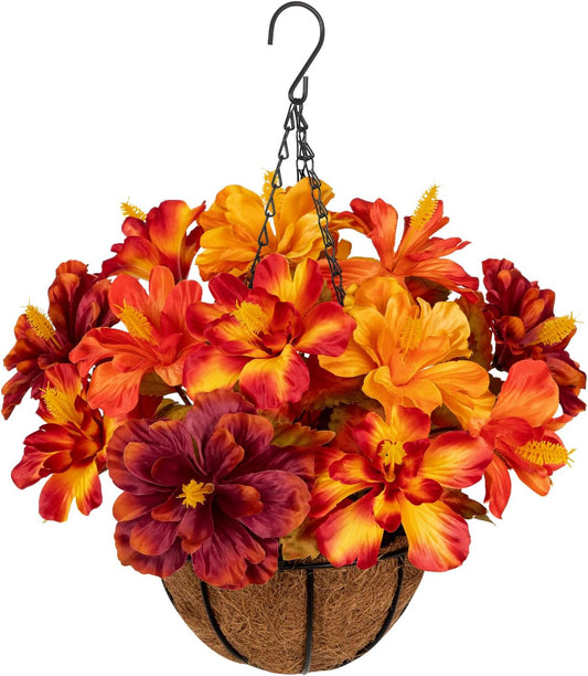 Briful 16.9" Artificial Hanging Basket with Flowers, Fake Autumn Hibiscus Silk Floral Arrangement with Hook, Faux Potted Decor for Front Porch Patio Garden Fall Thanksgiving