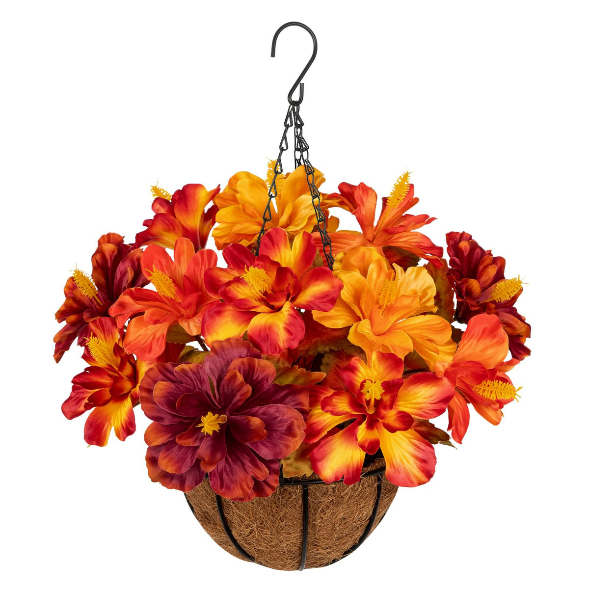 Briful 16.9" Artificial Hanging Basket with Flowers, Fake Autumn Hibiscus Silk Floral Arrangement with Hook, Faux Potted Decor for Front Porch Patio Garden Fall Thanksgiving