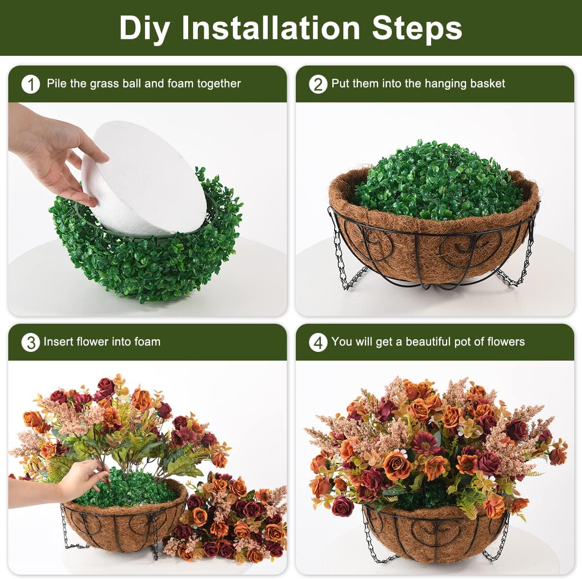 Homsunny Artificial Fall Hanging Flowers Baskets for Outdoor Decoration