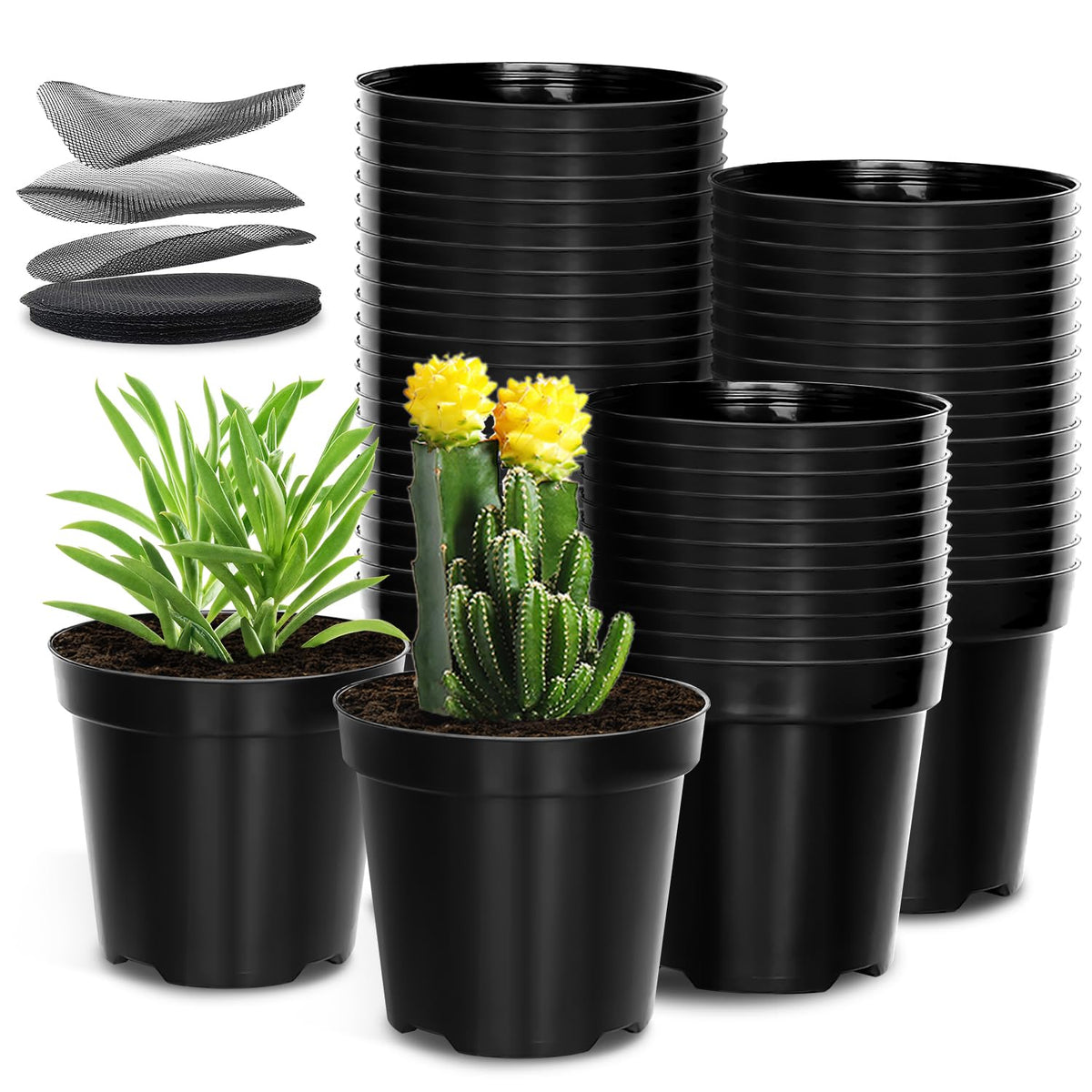 RooTrimmer 40 Pack 4 Inch Plant Nursery Pots with Mesh Pad, Sturdy Plastic Flower Planter Pots with Drainage Holes, Seed Starter Pots for Planting Seedings Cuttings Succulents Indoor Ourdoor, Black