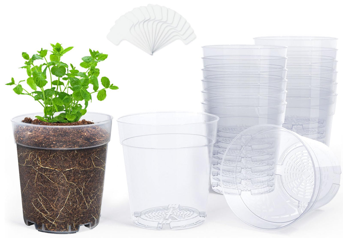 homenote 3/4/5 Inch Clear Nursery Pots with Drainage and 20 Labels (30 Pcs)