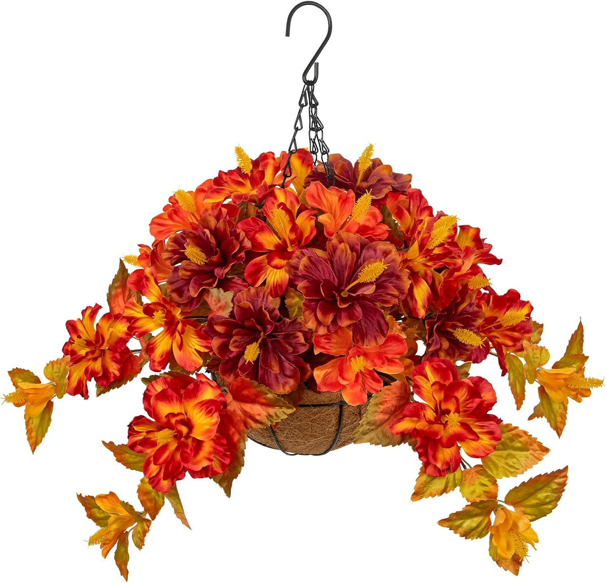 Briful 16.9" Artificial Hanging Basket with Flowers, Fake Autumn Hibiscus Silk Floral Arrangement with Hook, Faux Potted Decor for Front Porch Patio Garden Fall Thanksgiving