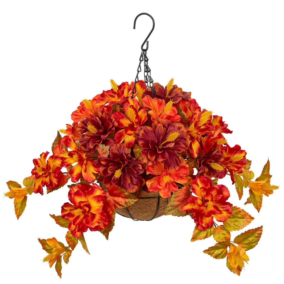 Briful 16.9" Artificial Hanging Basket with Flowers, Fake Autumn Hibiscus Silk Floral Arrangement with Hook, Faux Potted Decor for Front Porch Patio Garden Fall Thanksgiving