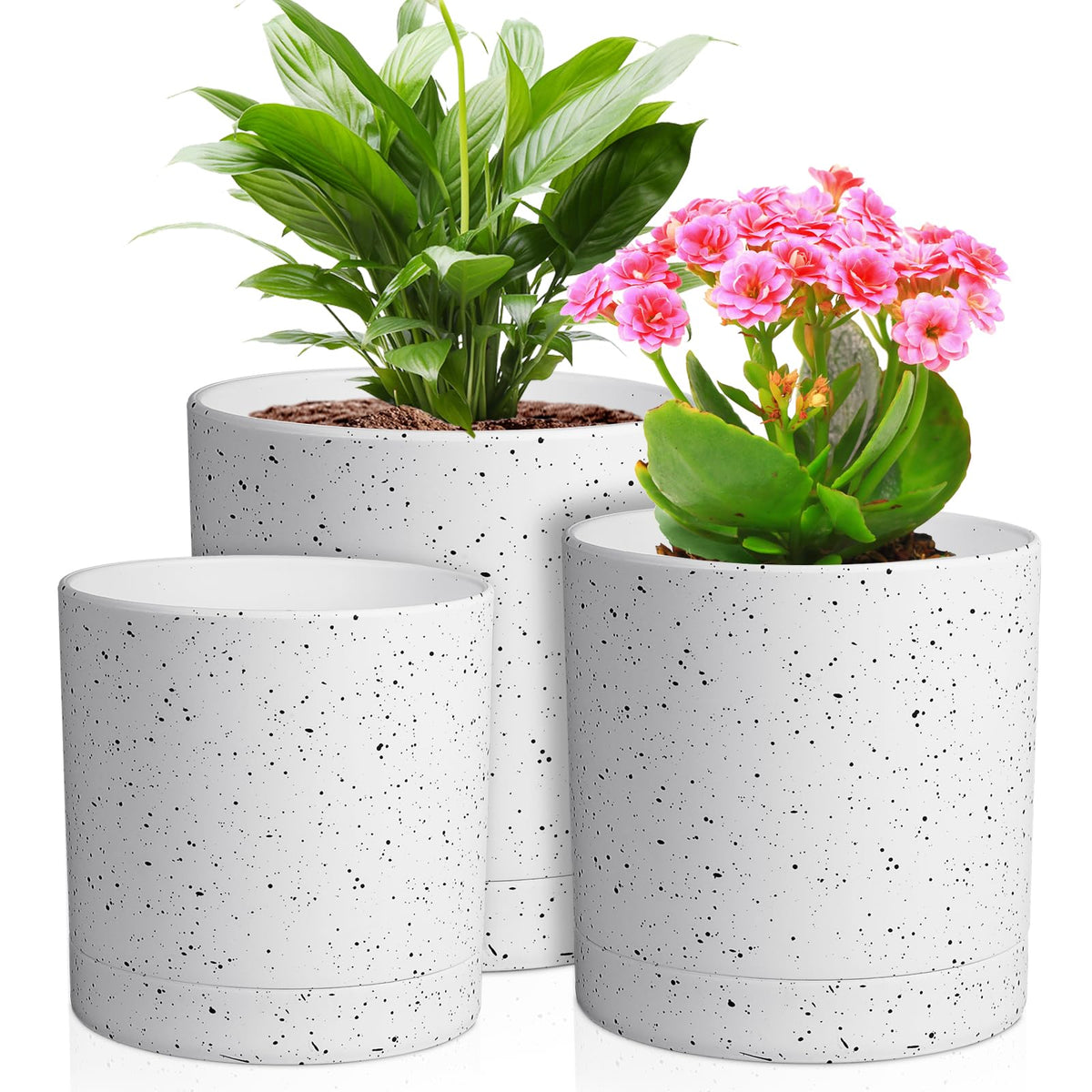 Meowell 8/7/6 inch Plant Pots, 3 Set Cylinder Flower Pots for Outdoor Indoor Plants, Decorative Plastic Planters with Drainage Holes and Saucers for Garden House Plants, Black