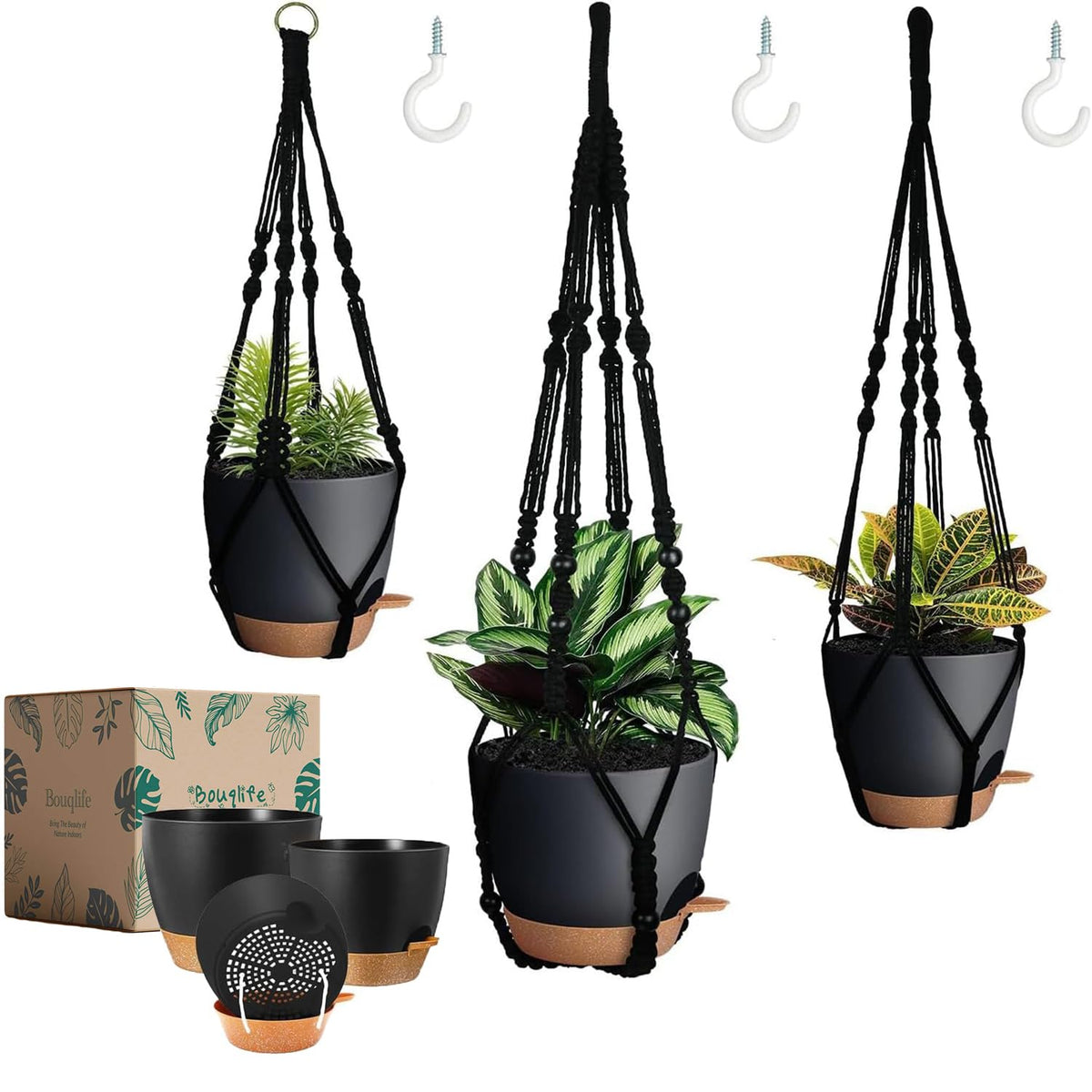 Bouqlife 3 Set Self Watering Hanging Planters for Indoor Plants