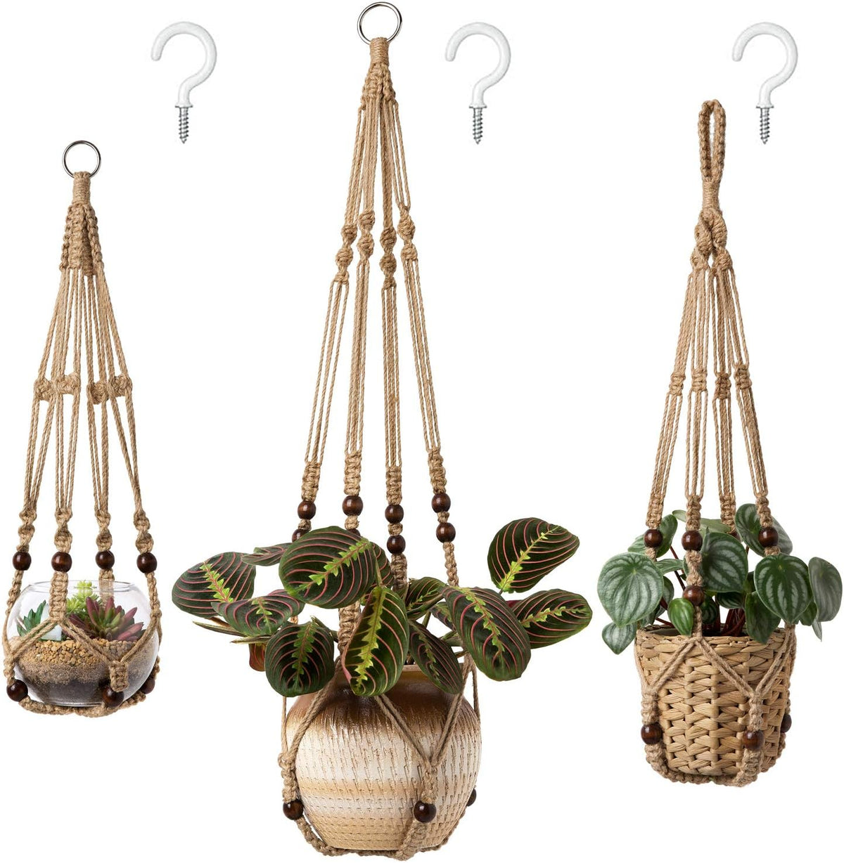 Mkono 3 Pack Macrame Plant Hangers Hanging Planters for Indoor Plants Brown