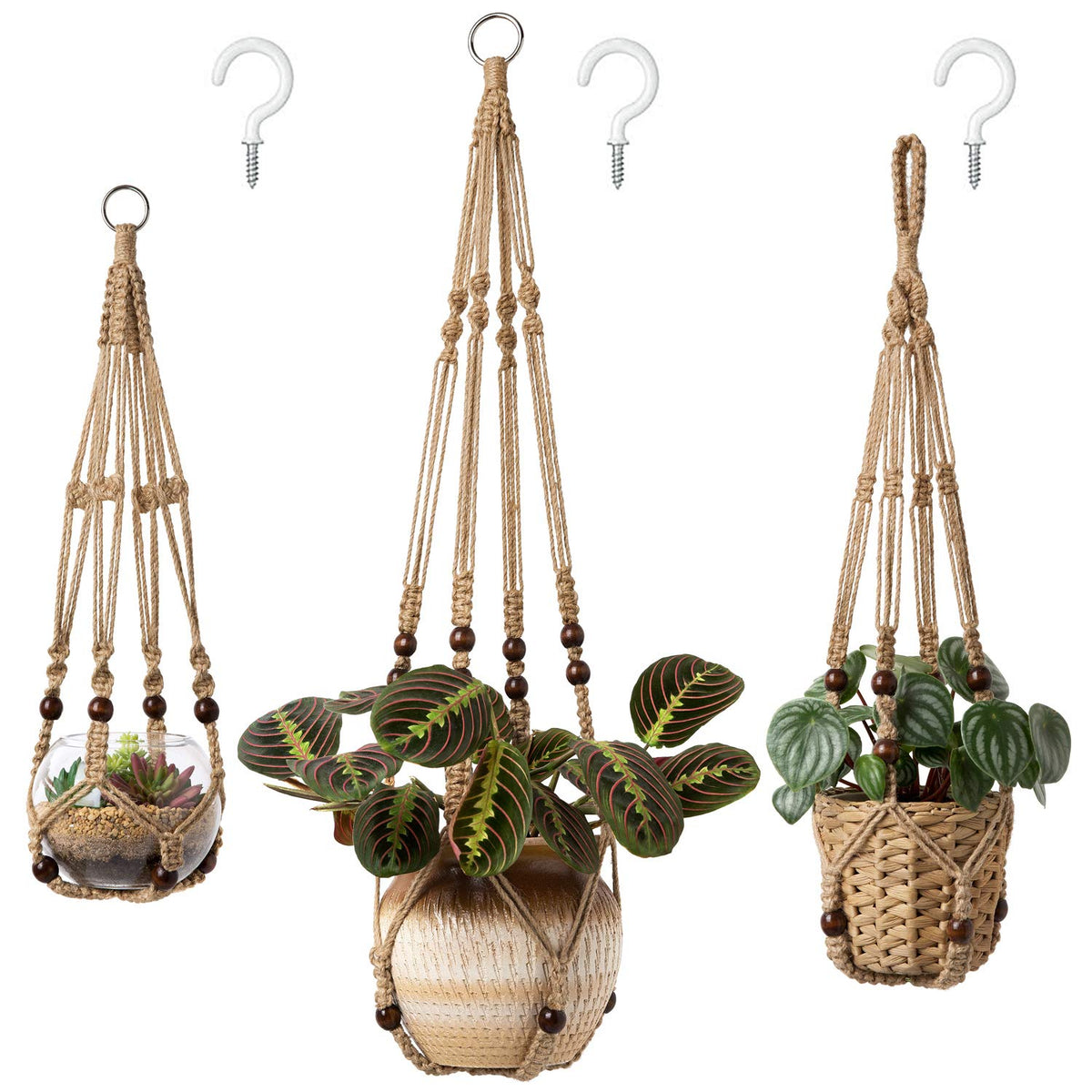 Mkono 3 Pack Macrame Plant Hangers Hanging Planters for Indoor Plants Brown