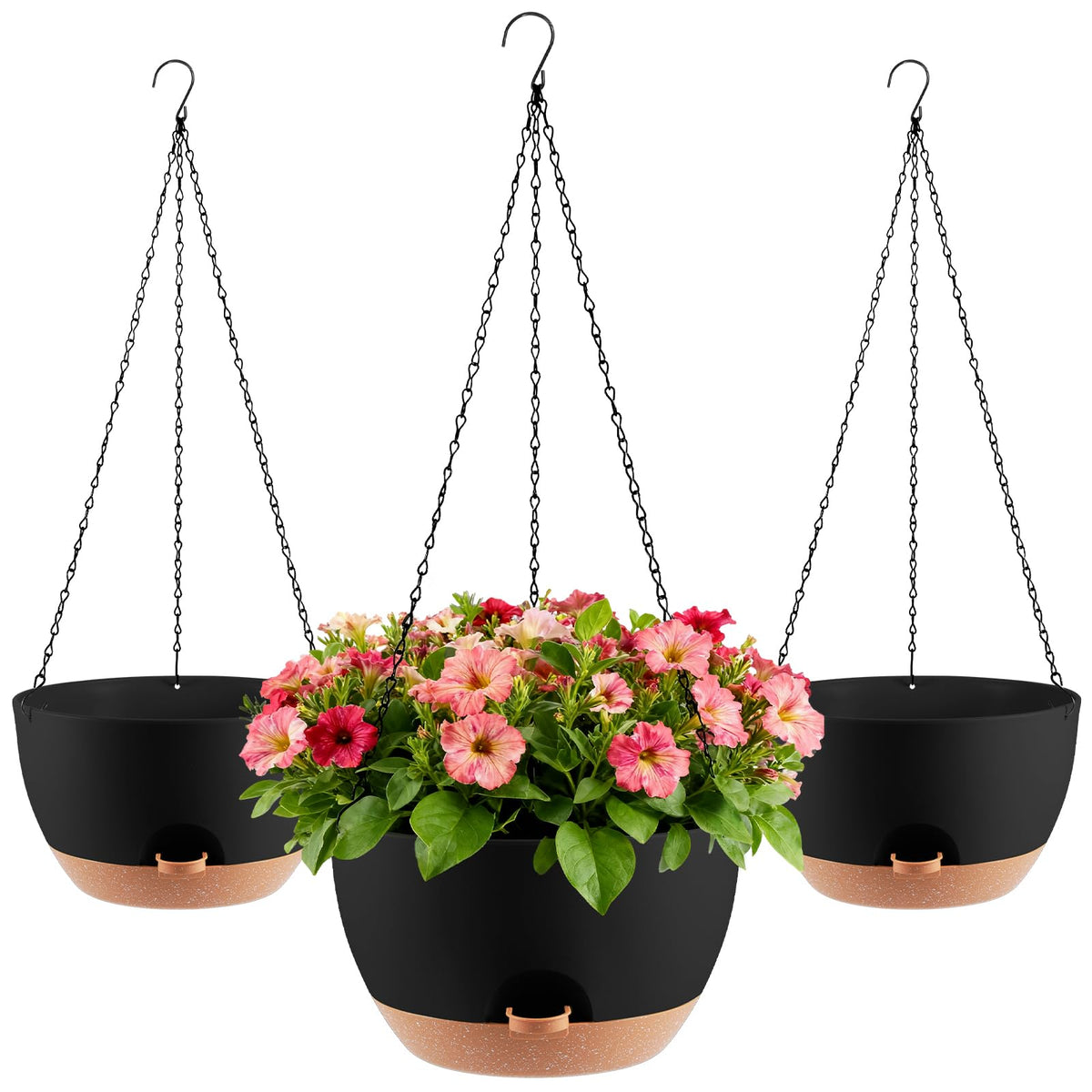 4-Piece Set of 8-Inch Hanging Planters with Automatic Watering System and Drip Tray, Includes Metal Chain, Suitable for Various Indoor and Outdoor Plants and Flowers, Black-Brown